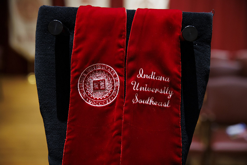 Indiana University Southeast Chancellor Installation A stole baring the Indiana University seal and the Indiana University Southeast name was displayed on stage before the chancellor install...