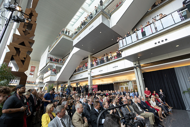 Crowds of people watch the signing ceremony from balconies in the Campus Center. Photo by Liz Kaye, Indiana University