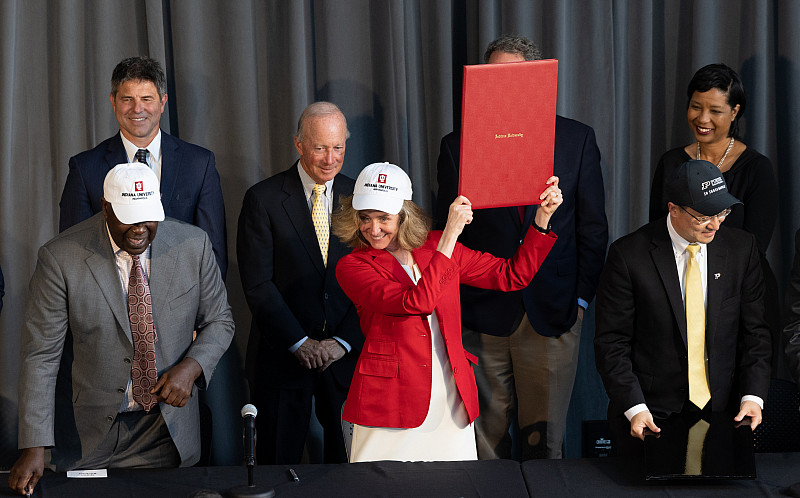 IU President Pamela Whitten celebrates after signing the definitive agreement. Photo by Chris Meyer, Indiana University