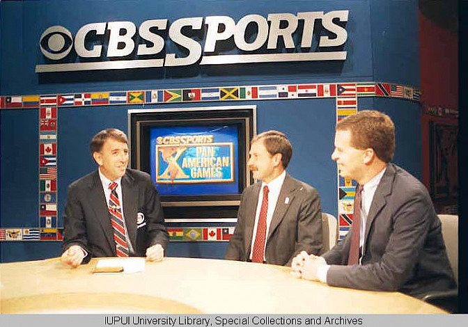 Gerald Bepko, center, is interviewed by CBS Sports as part of the network's coverage of the 1987 Pan American Games. IUPUI venues, i...