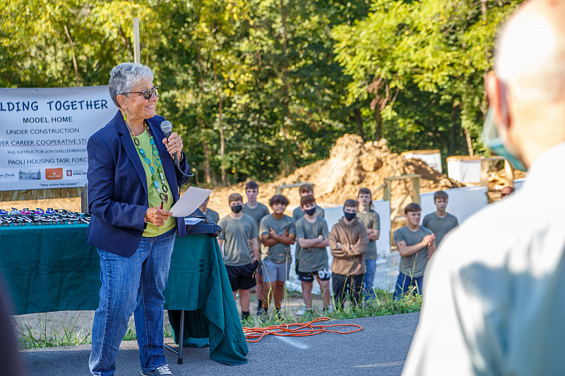    Martha Nice of the Paoli Housing Task Force offers remarks at the groundbreaking of a model home designed by Jon Racek and his student...