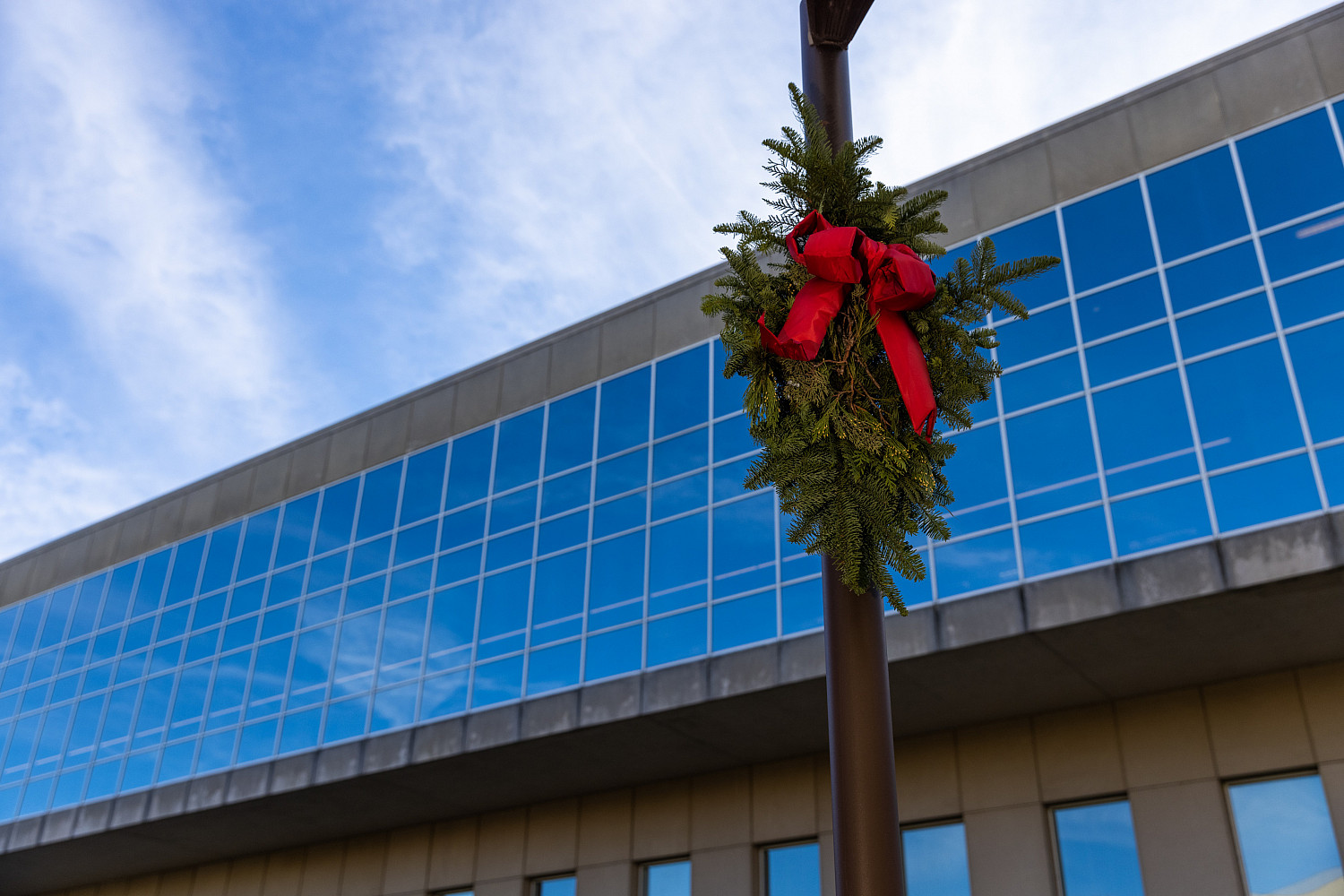 A holiday wreath on campus.