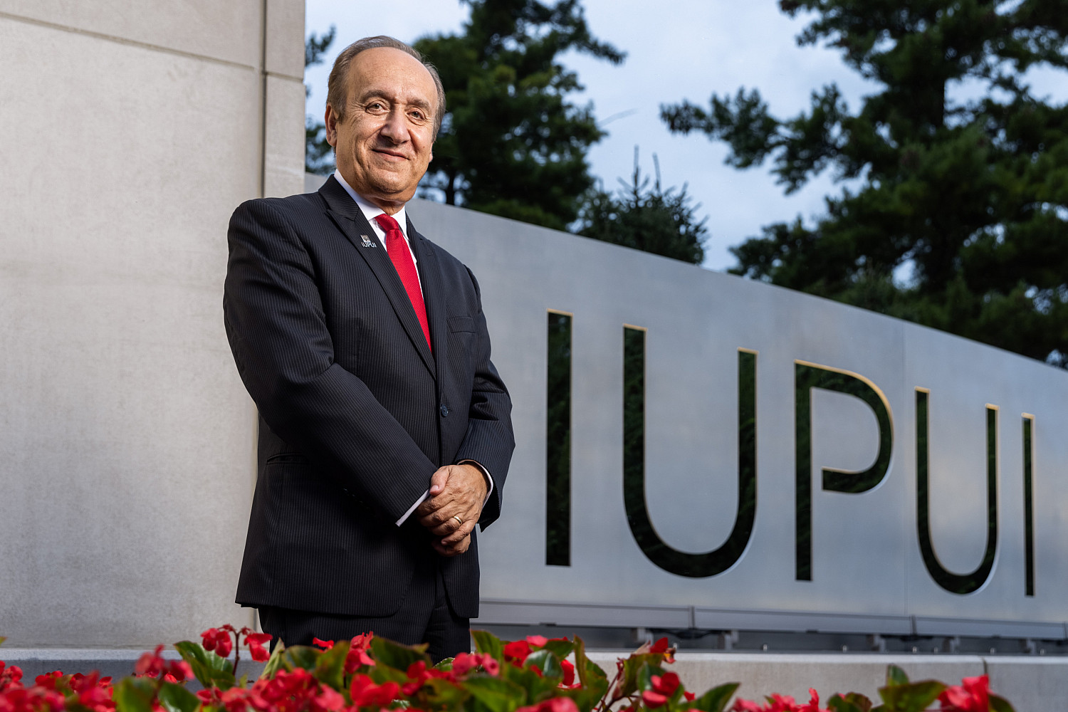 Chancellor Nasser Paydar at the Shreve Gateway on IUPUI's campus.