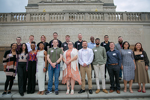 U.S. Service Members graduation dinner attendees outside of the Indiana War Memorial